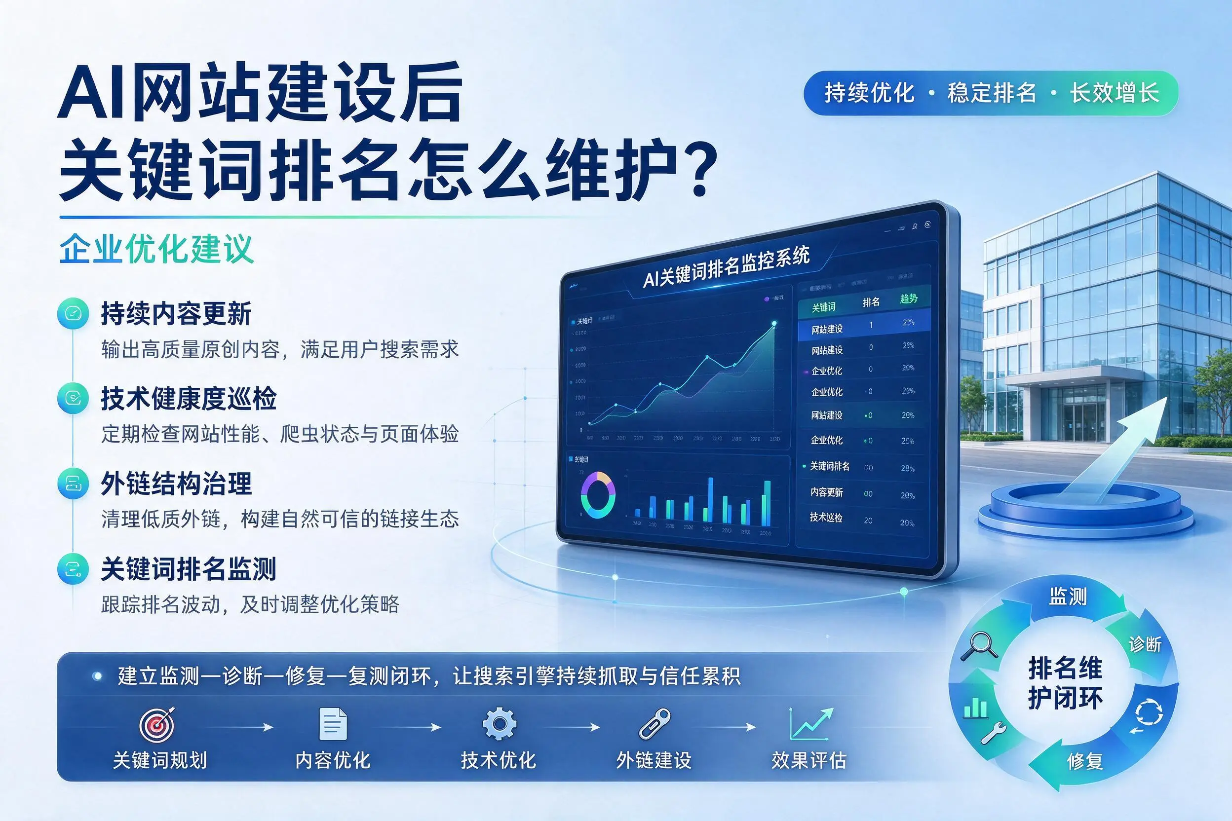 AI网站建设后关键词排名怎么维护？嘉兴企业优化建议